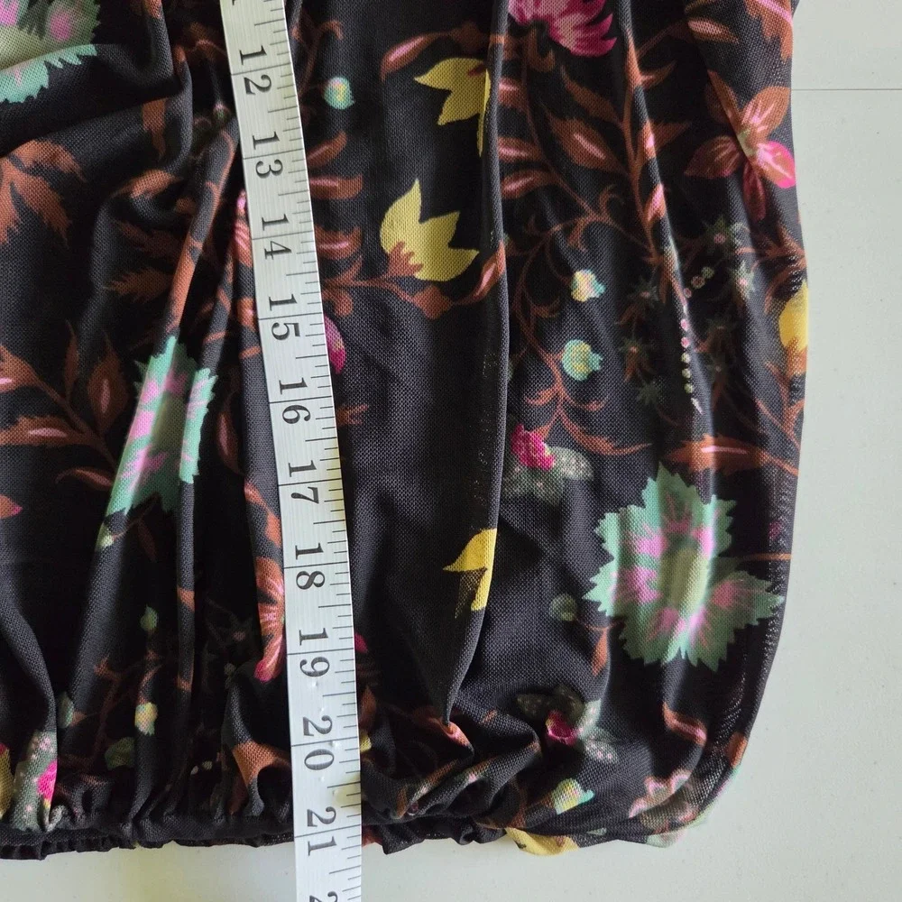 Free People Womens Black Floral Mesh Blouse Ruched Sleeve Blouson Top‎ Size M